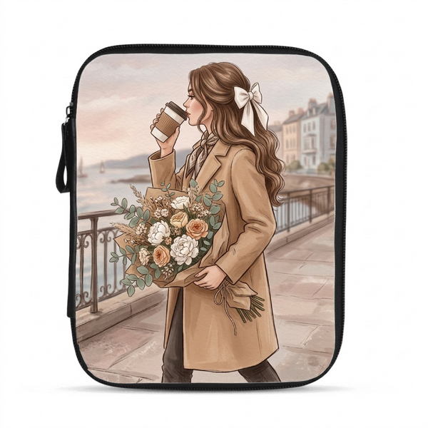Coquette style tablet sleeve featuring a vintage romantic illustration of a woman sipping coffee and carrying flowers