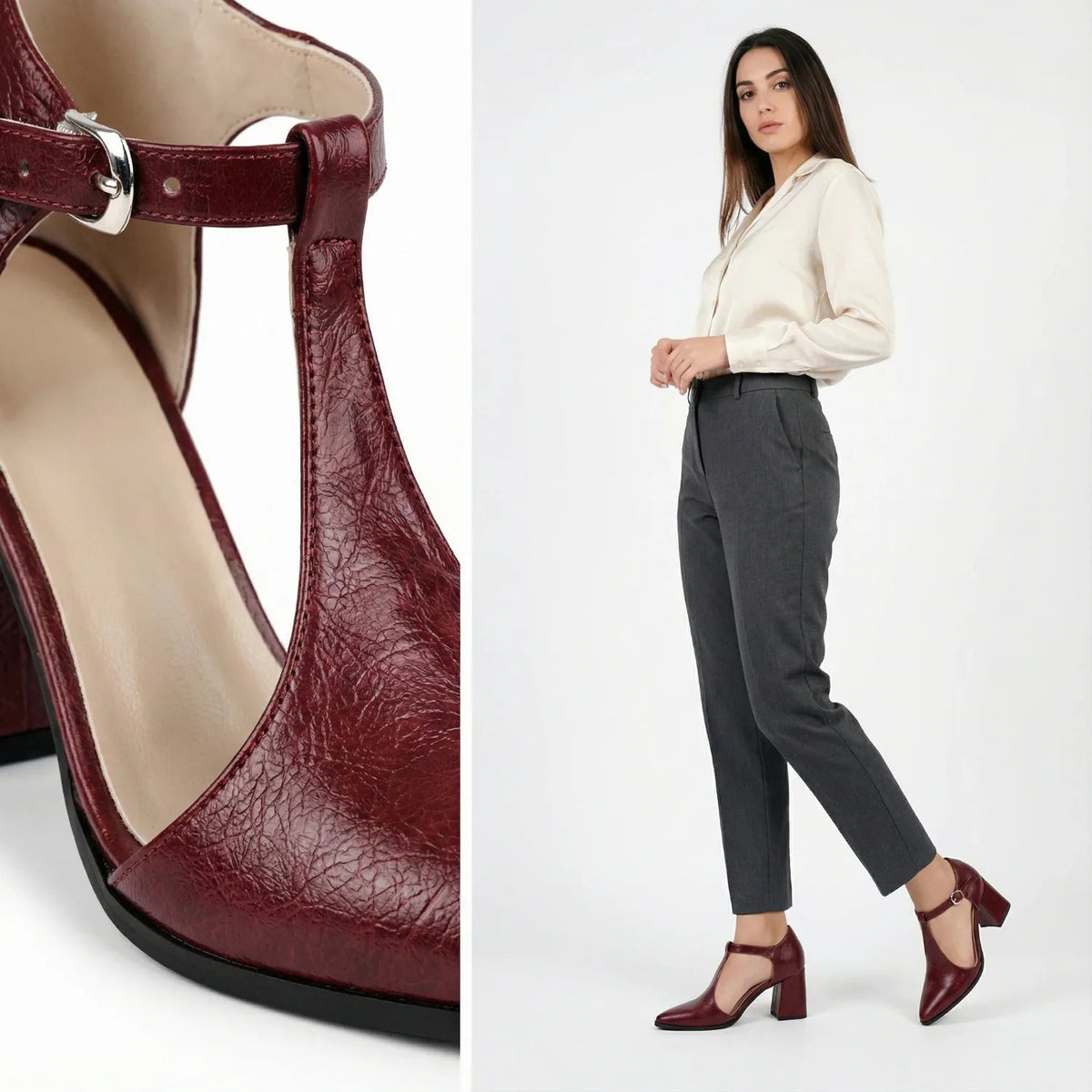 Burgundy T-Strap Heels – Elegance That Works - 3