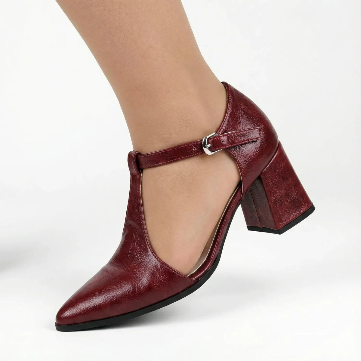 Burgundy T-Strap Heels – Elegance That Works - 4- tryon