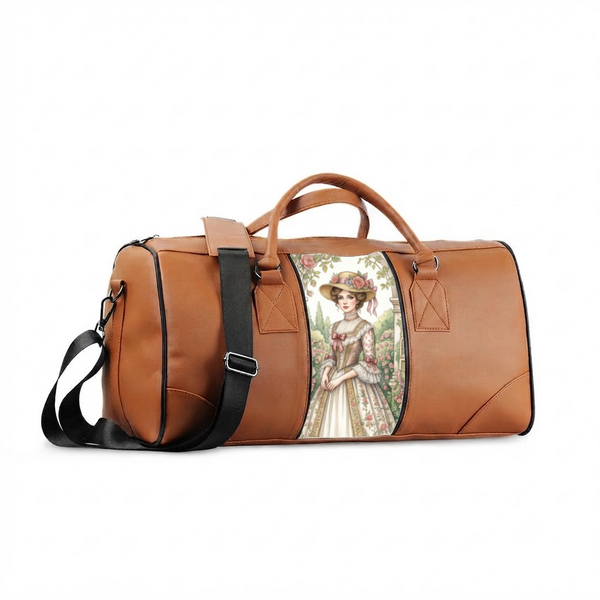 Tan leather duffel bag with Victorian cottagecore lady illustration panel, handmade by ECADRA