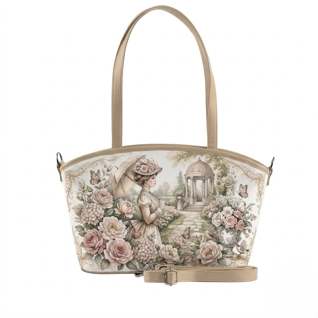 A detailed illustration of a Victorian lady holding a parasol in a vintage rose garden with a gazebo is printed on a beige canvas tote bag with leather straps.