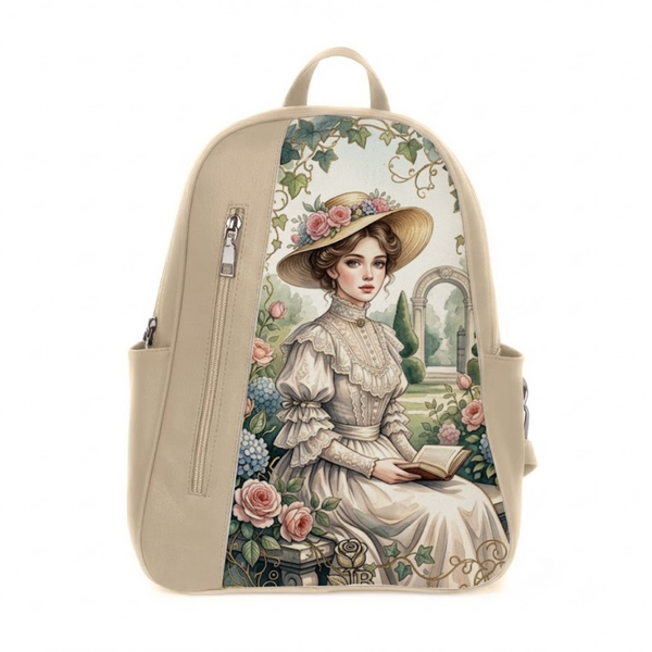 backpack featuring a printed illustration of a Victorian woman in a hat reading a book within a rose-filled garden, similar to the style.