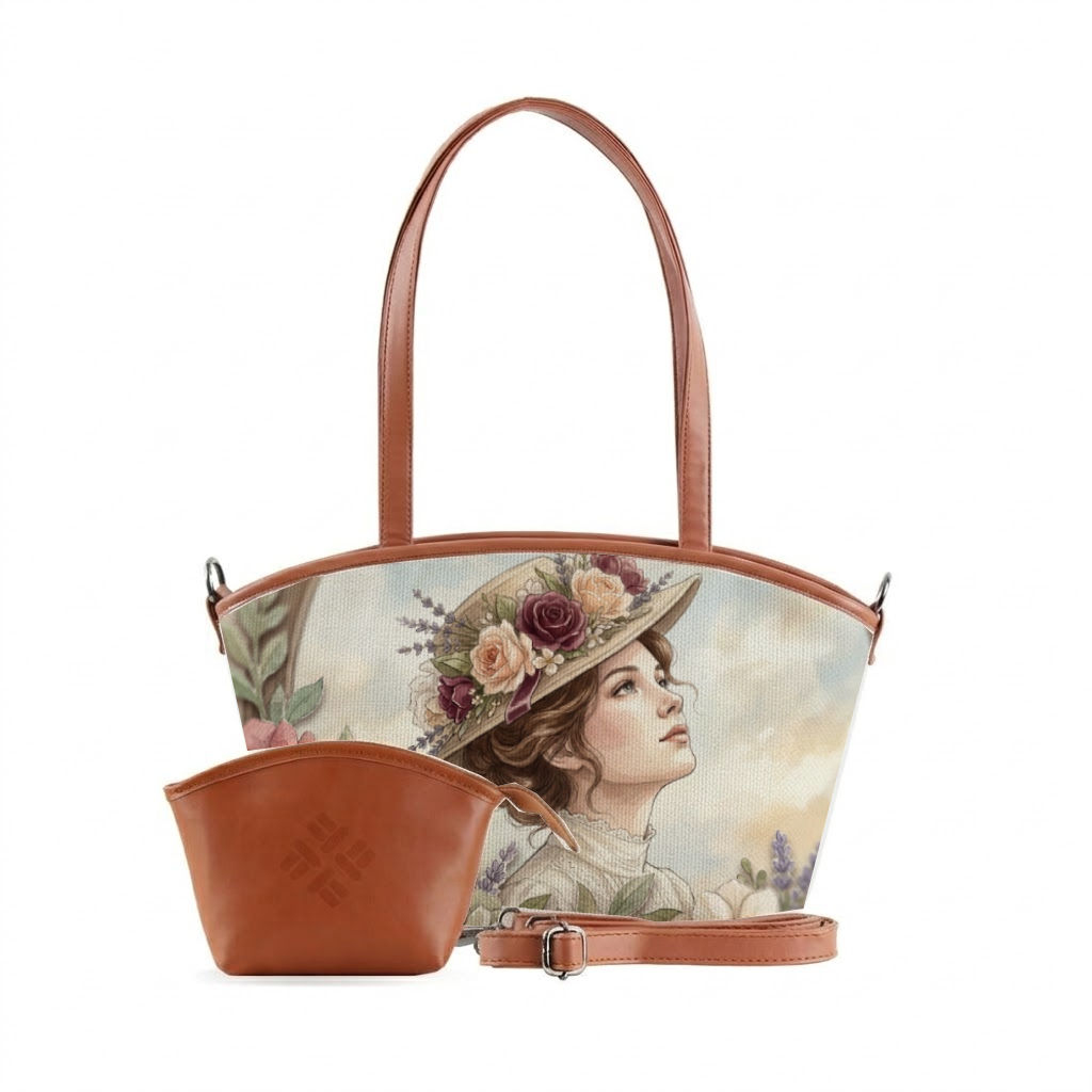 Wide Tote Bag Victorian Lady with Floral Hat Watercolor Design