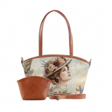 Wide Tote Bag Victorian Lady with Floral Hat Watercolor Design