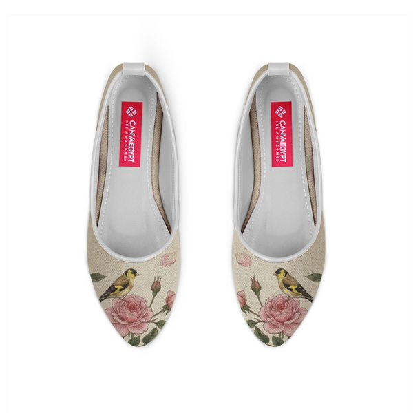 White round toe ballet flats with vintage goldfinch and pink rose print, handmade by ECADRA
