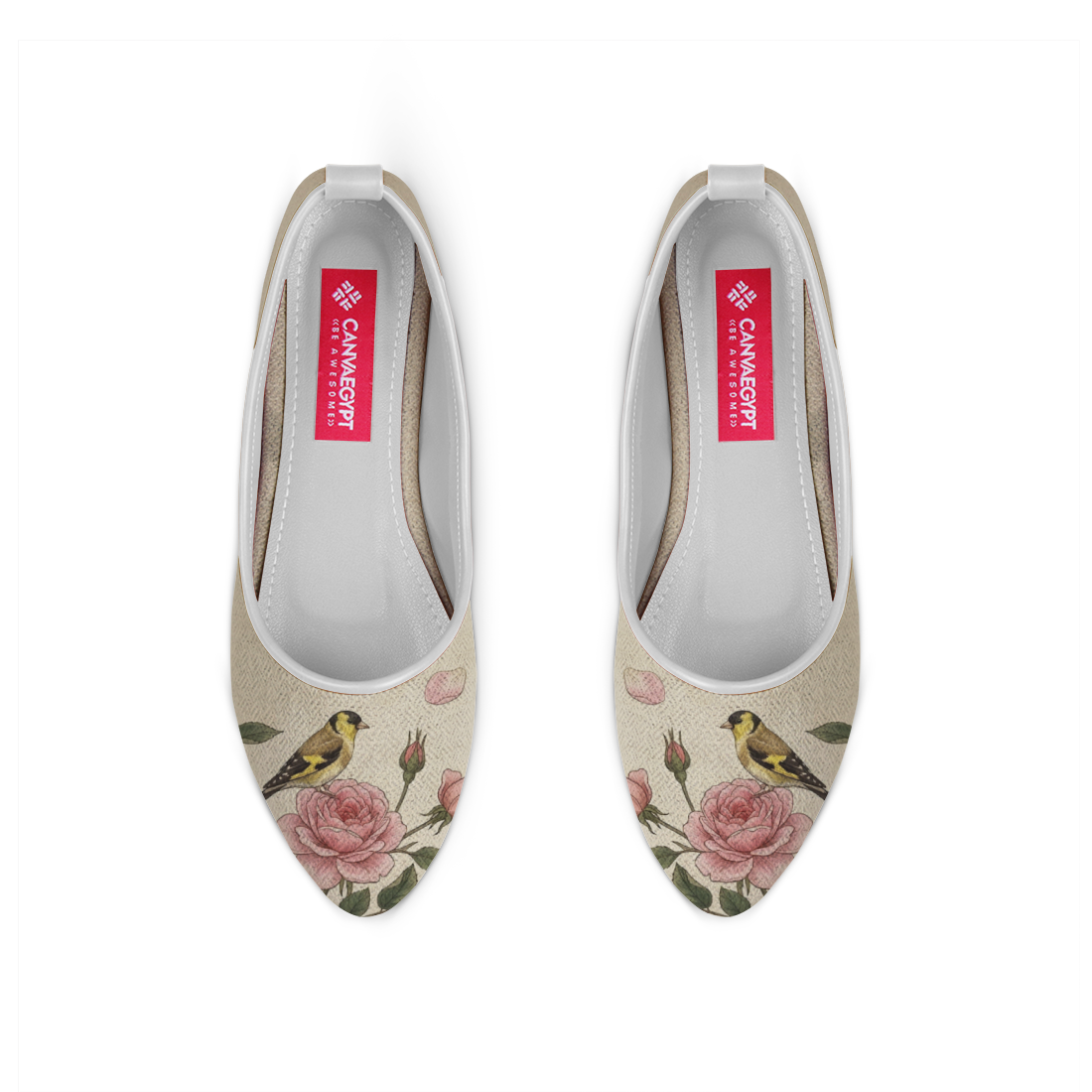 White Round Toe Vintage Bird Floral Rose Print
