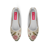 White Round Toe Vintage Bird Floral Rose Print