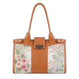 ECADRA Havana Double Handle Large Bag with printed vintage botanical floral panels featuring roses, hydrangeas, and a butterfly on sage green backdrop.
