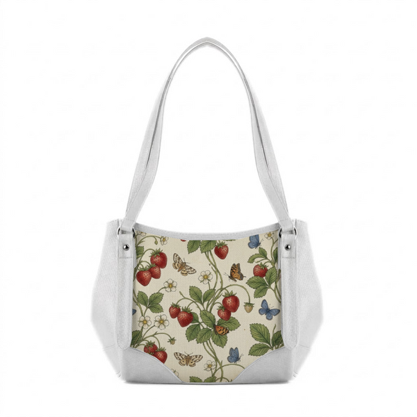White Leather Tote Bag White Vintage Botanical Strawberry and Butterfly Cottagecore Pattern - 1