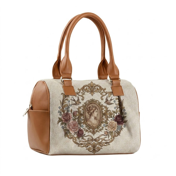 Speedy bag with vintage cameo portrait design, roses, swallows and ornate scrollwork, handmade by ECADRA