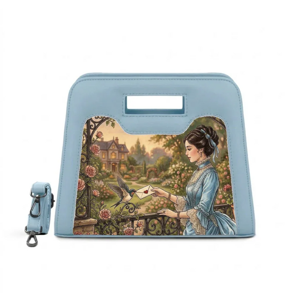 Blue Chic Peek Handbag Vintage Lady Sending Love Letter via Bird