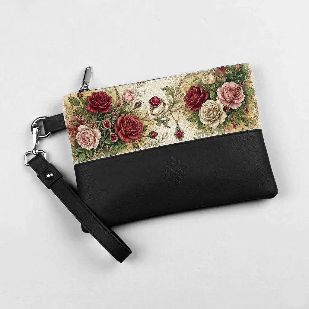 Black Toiletry Pouch Vintage Ruby Rose Jewel Floral