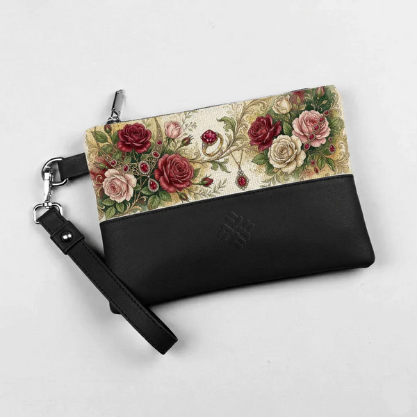 Black Toiletry Pouch Vintage Ruby Rose Jewel Floral