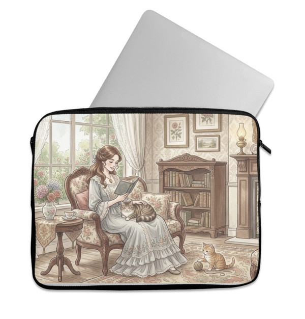 Laptop Sleeve Vintage Victorian Lady Reading Book With Cats - 1