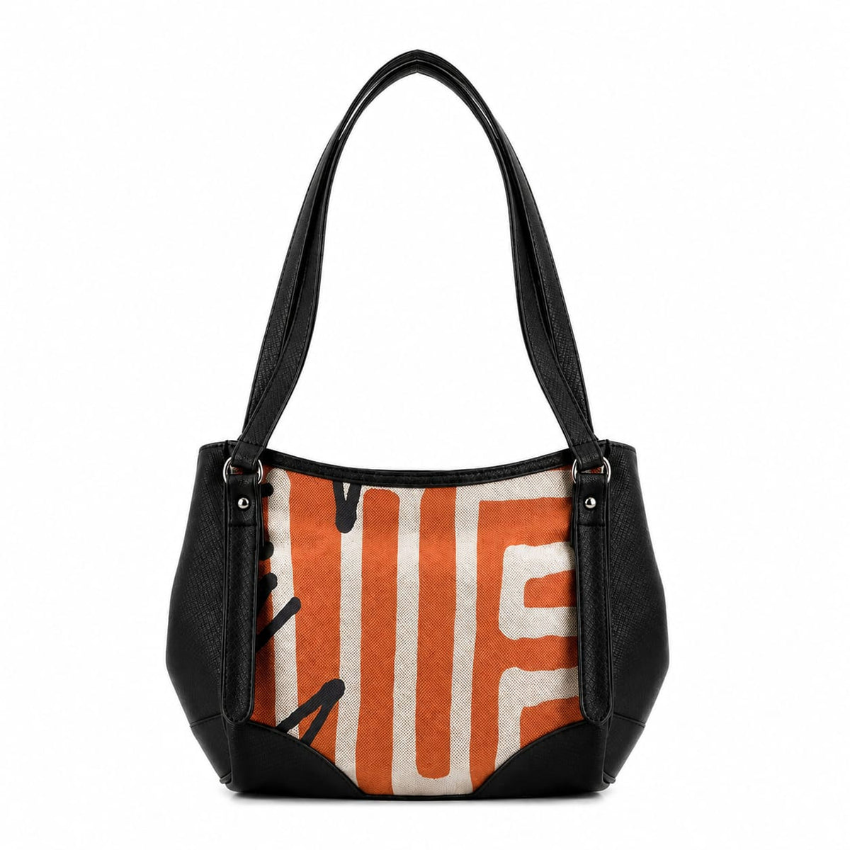 Black Leather Tote Orange Pattern