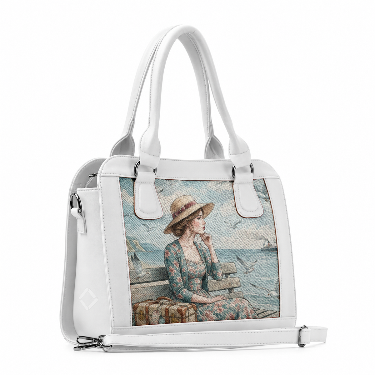 White structured hobo handbag featuring a vintage seaside travel illustration of a woman with hats and luggage.