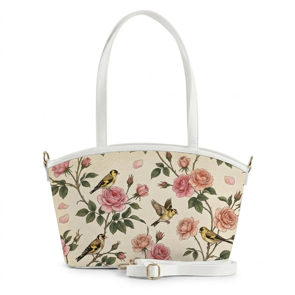 White trimmed tote bag with vintage goldfinch and pink rose print, handmade by ECADRA