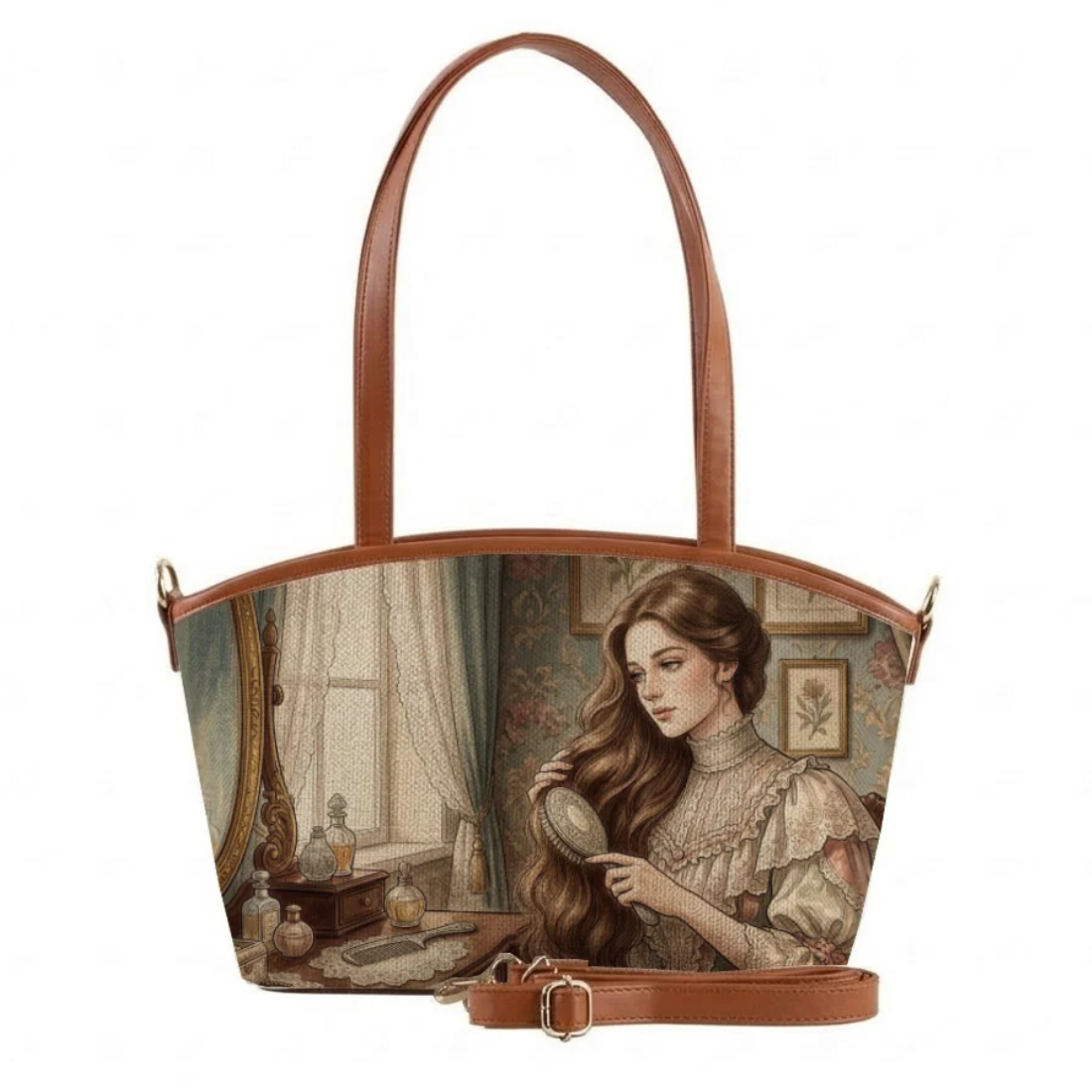 Wide tote bag with romantic Victorian illustration of lady brushing hair at vanity, tan leather trim