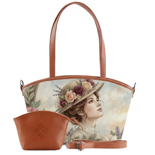 Wide tote bag with watercolor Victorian lady in floral hat, matching wallet included