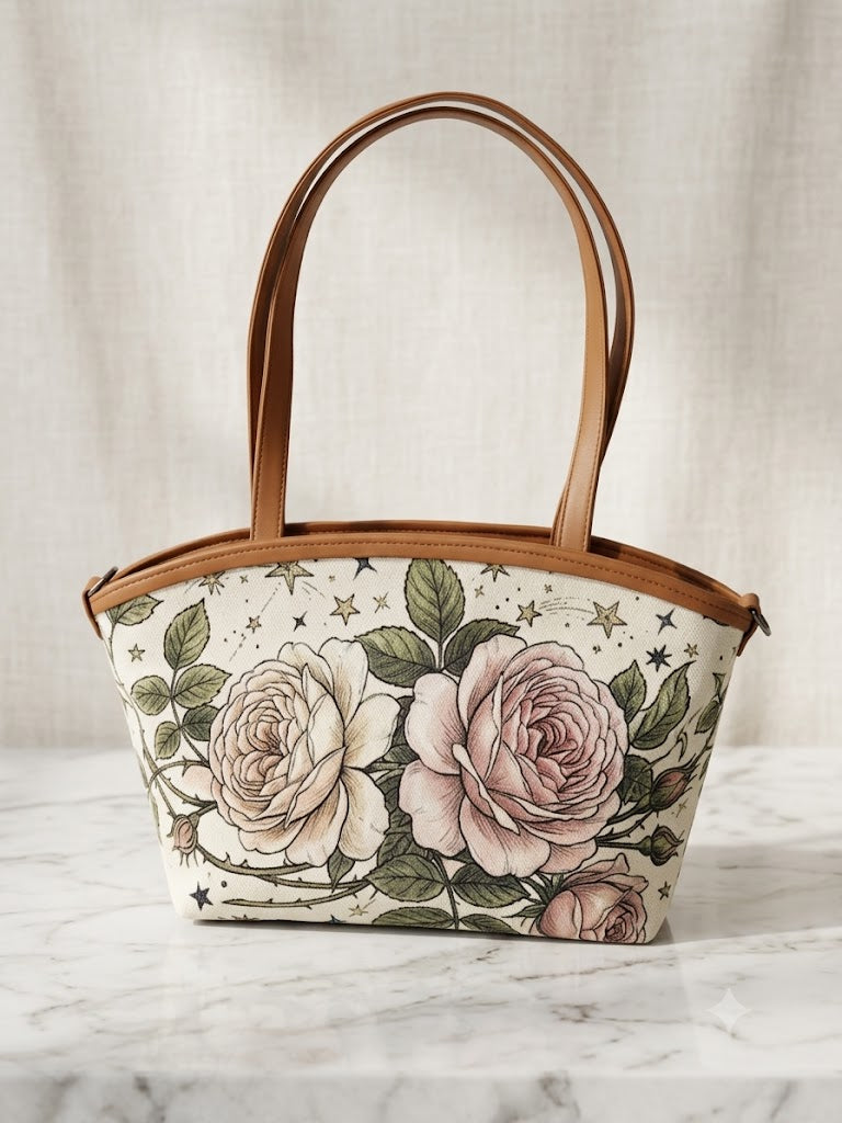 Wide tote bag with vintage rose garden and celestial star print, tan leather trim, handmade by ECADRA