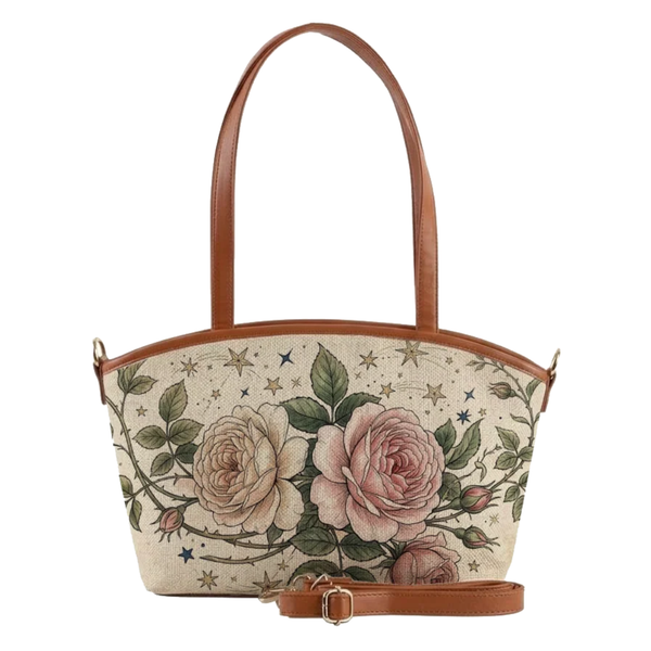 Wide tote bag with vintage rose garden and celestial star print, tan leather trim, handmade by ECADRA