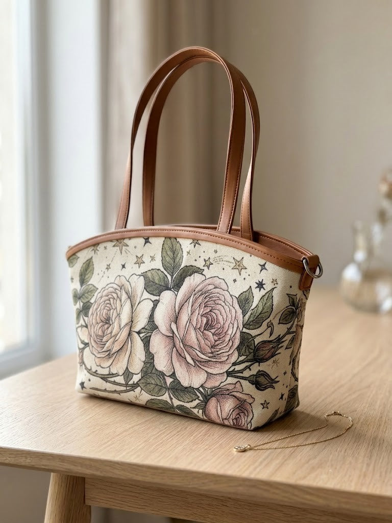Wide tote bag with vintage rose garden and celestial star print, tan leather trim, handmade by ECADRA