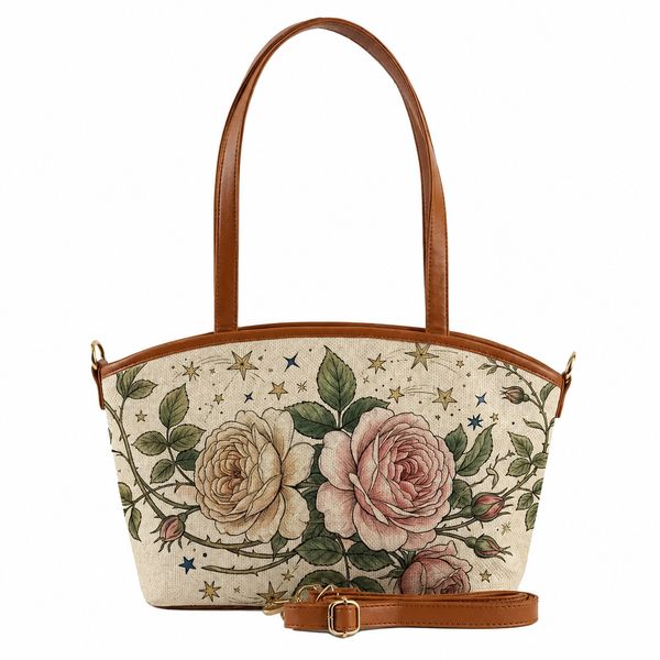 Wide canvas tote bag featuring vintage rose and celestial star print with tan handles and a crossbody strap on a plain white background.