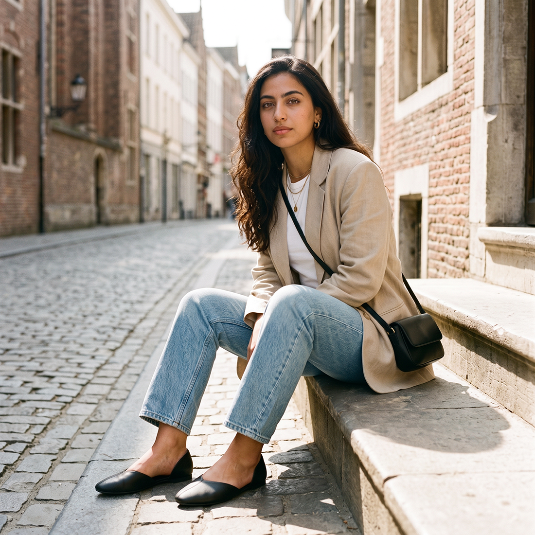 Woman in beige blazer and jeans sitting on steps wearing black open-side Wink Flats | ECADRA