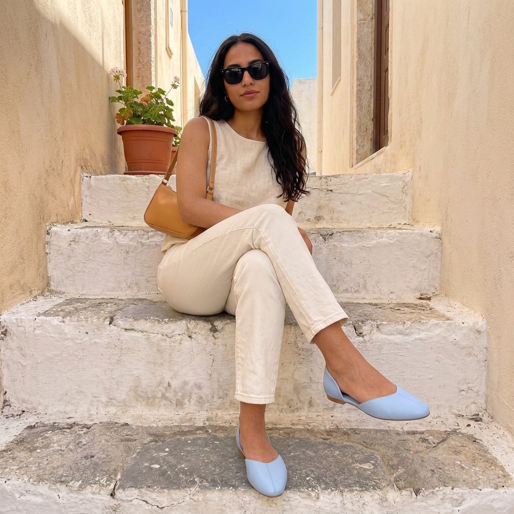 Woman in cream linen top and jeans on white steps wearing blue open-side Wink Flats | ECADRA
