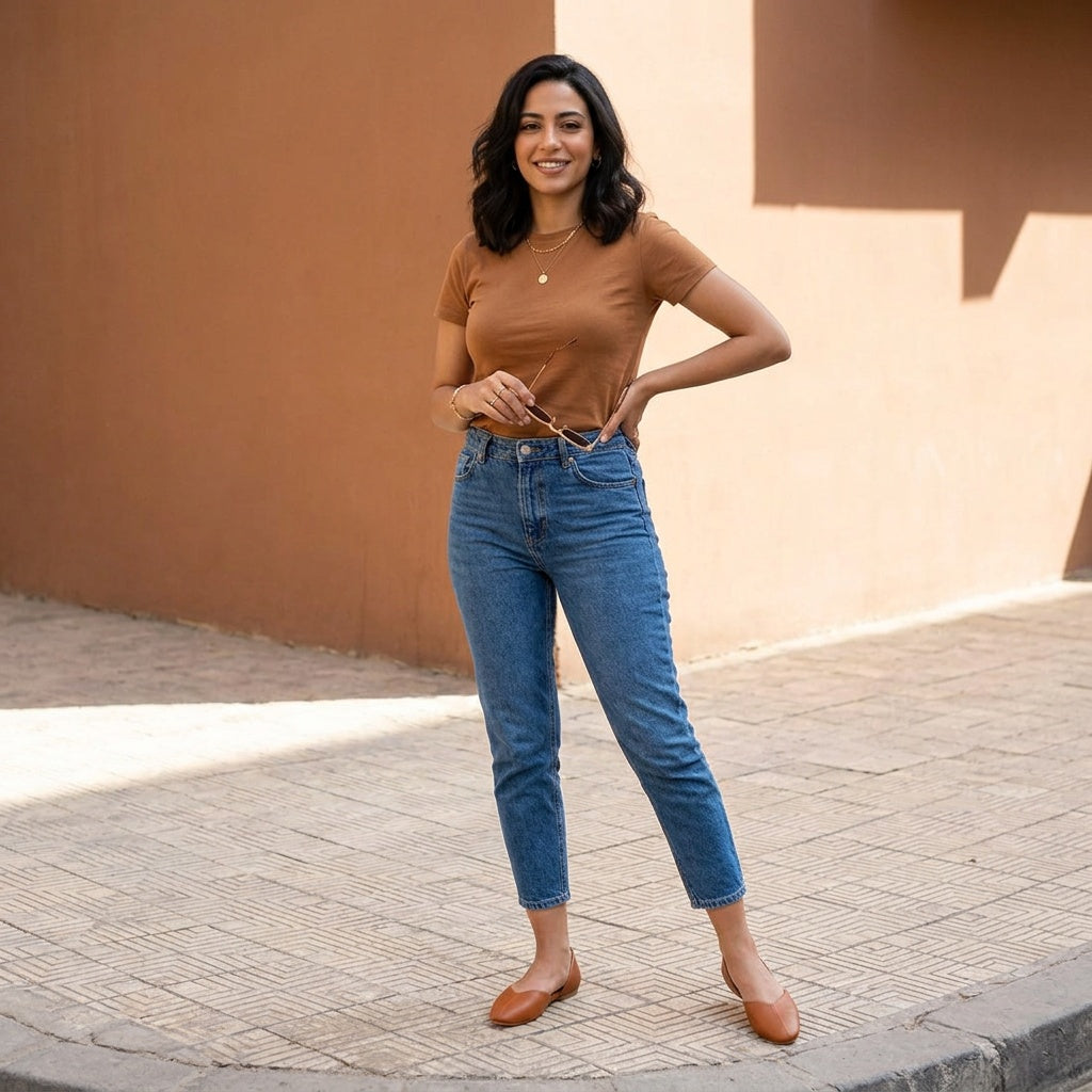 Woman in havana t-shirt and cropped jeans wearing tan open-side Wink Flats on a sunny Cairo street | ECADRA