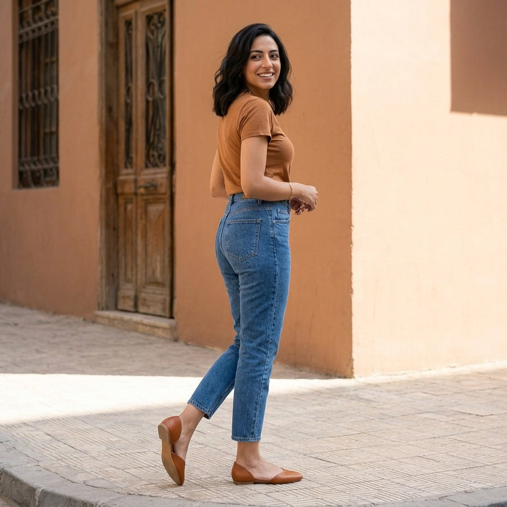 Woman glancing back in tan open-side d'Orsay Wink Flats with cropped jeans on a Cairo street | ECADRA
