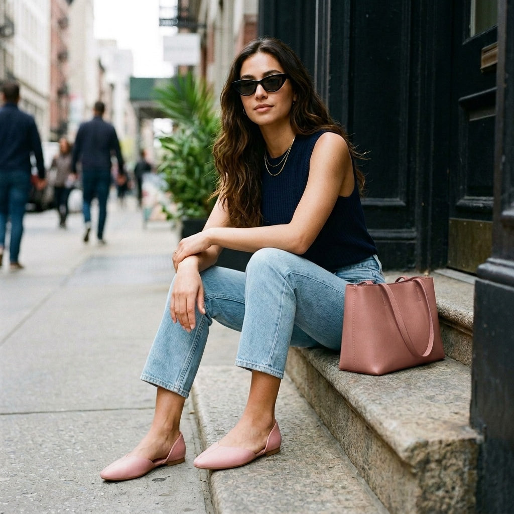 Woman in navy top and jeans sitting on city steps wearing rose open-side Wink Flats | ECADRA