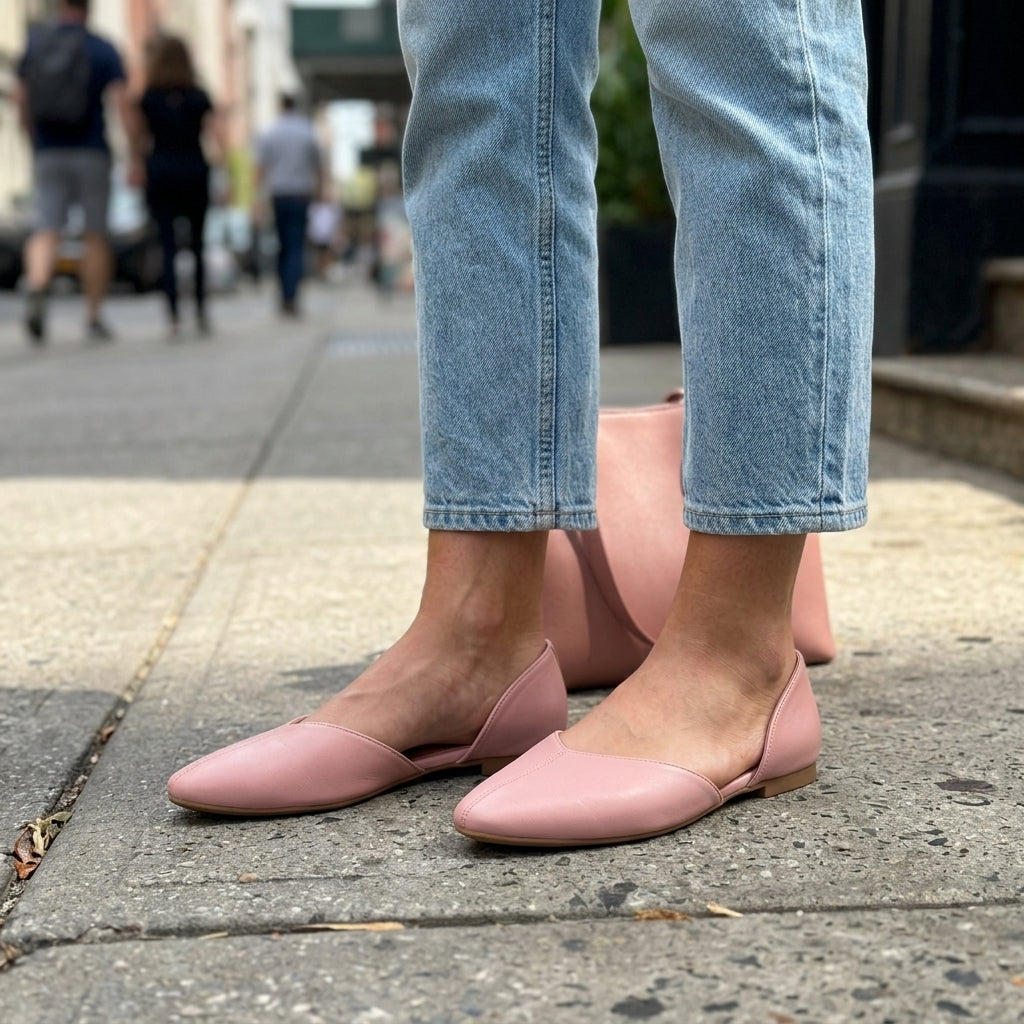 Overhead view of rose open-side Wink Flats worn with jeans on a city sidewalk | ECADRA