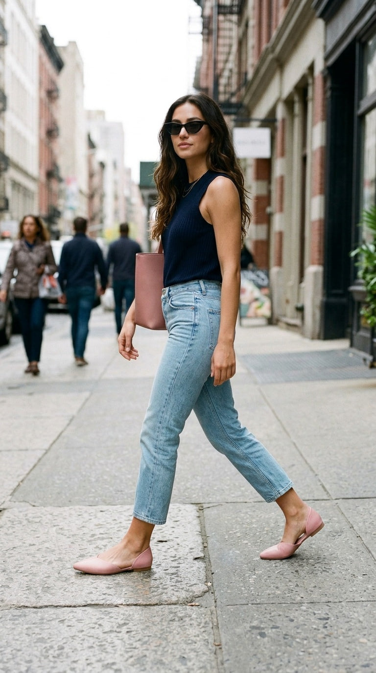 Side view of a woman walking in rose Wink Flats, navy top and jeans on a sunlit sidewalk | ECADRA
