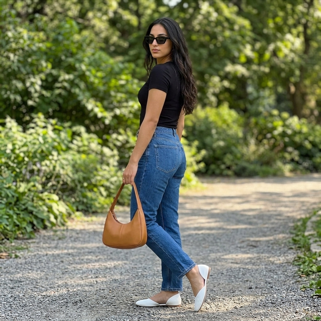 Woman glancing back in white open-side d'Orsay Wink Flats with blue jeans in a green park | ECADRA