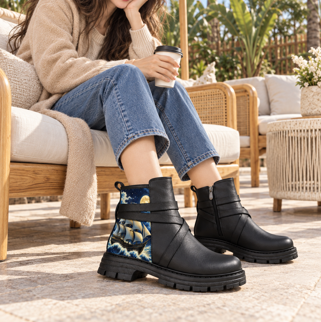 Woman wearing ECADRA Street Mode Nautical Moonlit boots with jeans, seated on outdoor patio holding coffee