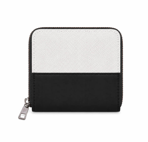Black and white wallet with zipper on a white background