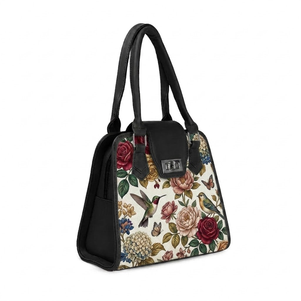 Black Metropolitan Charm Bag Vintage Floral Birds Printed