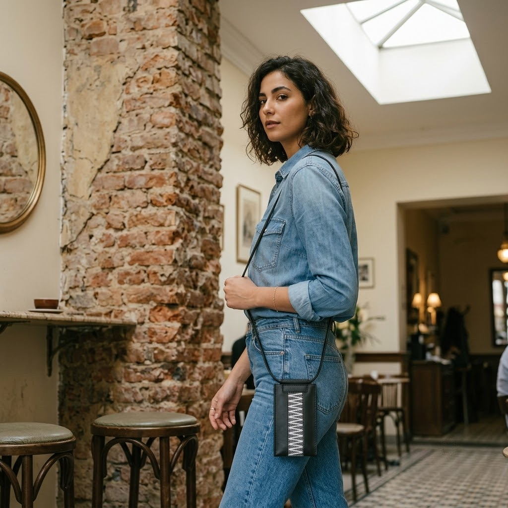 Black Minimalist Stitch Zigzag Phone Crossbody Bag – Hands-Free & Bold