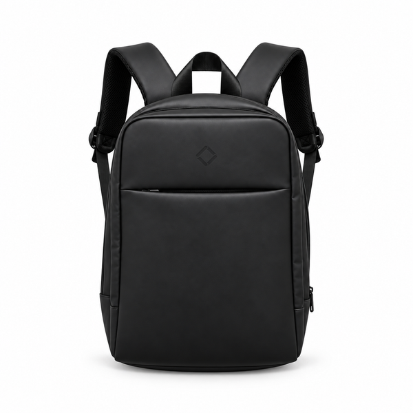 Daybook Backpack – Black faux leather laptop backpack – شنطة ضهر لابتوب حريمي أسود – ECADRA