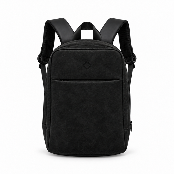 Daybook Backpack – Faux Suede – Black faux suede laptop backpack – شنطة ضهر لابتوب حريمي أسود – ECADRA