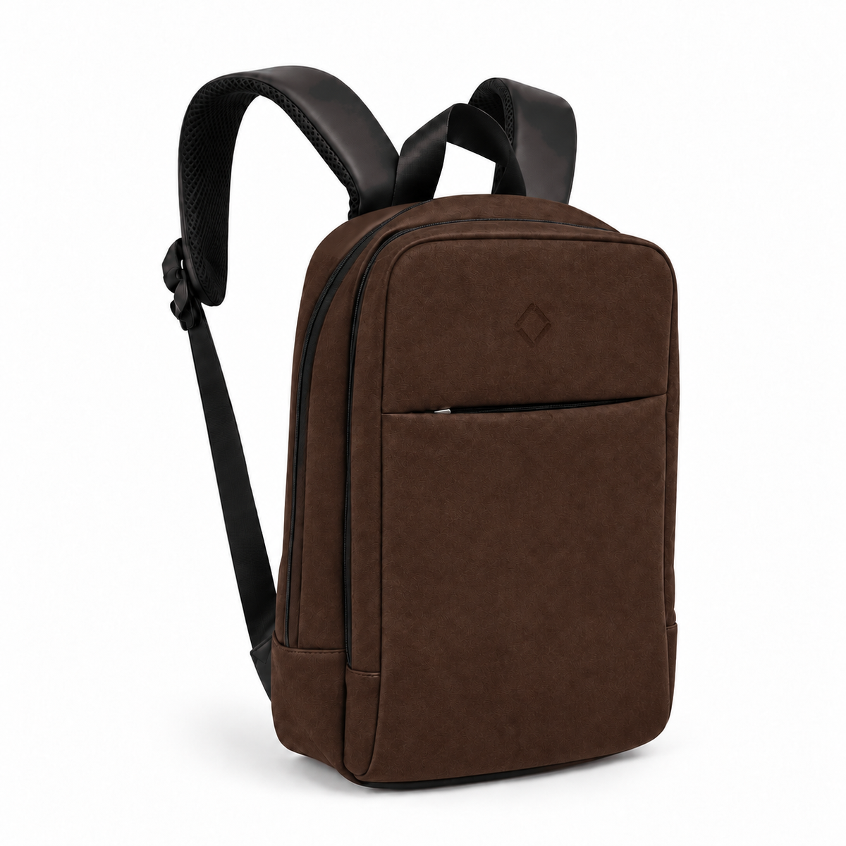 Daybook Backpack – Faux Suede – Chocolate, three-quarter view – ECADRA