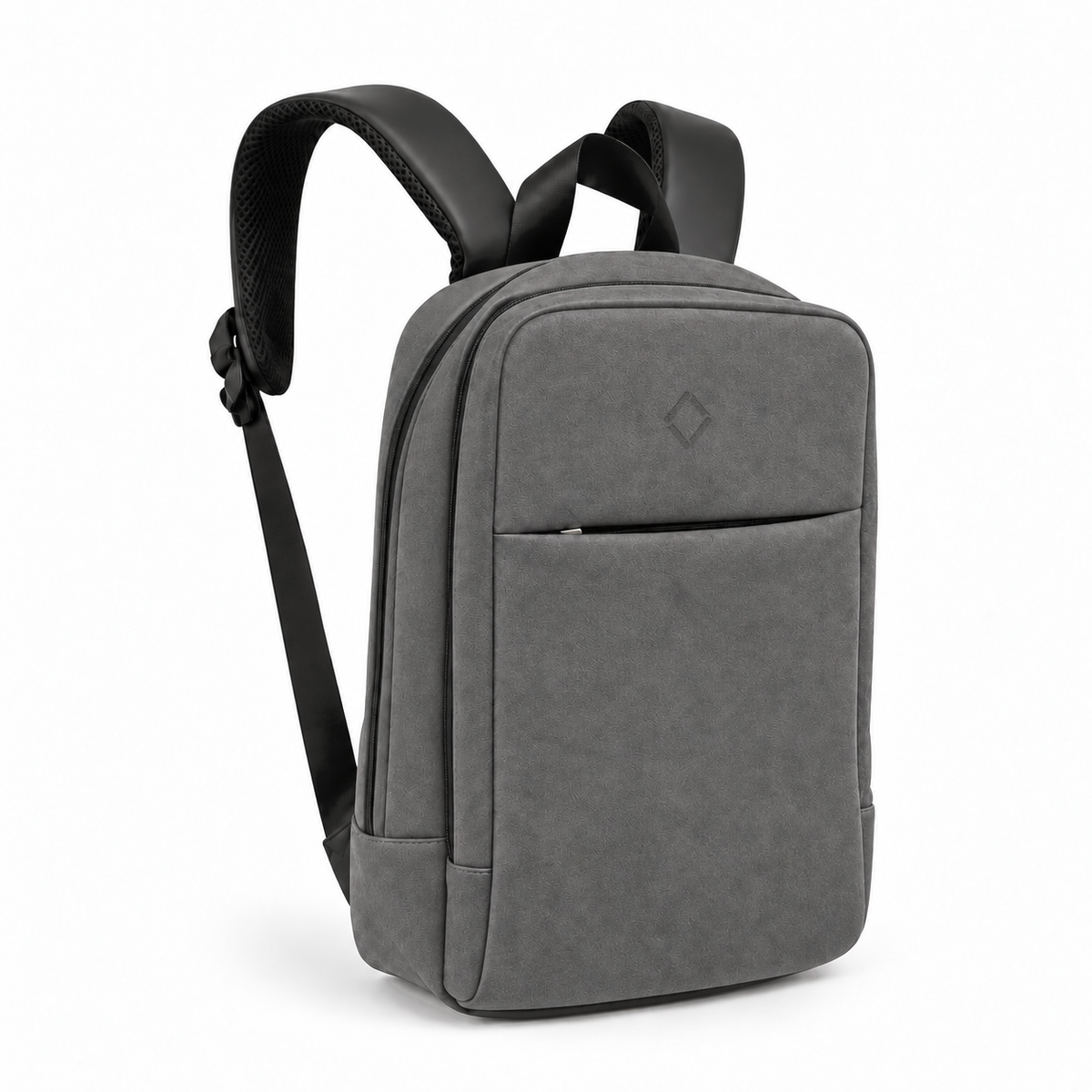Daybook Backpack – Faux Suede – Gray, three-quarter view – ECADRA