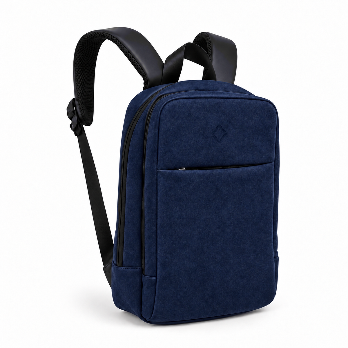 Daybook Backpack – Faux Suede – Navy, three-quarter view – ECADRA