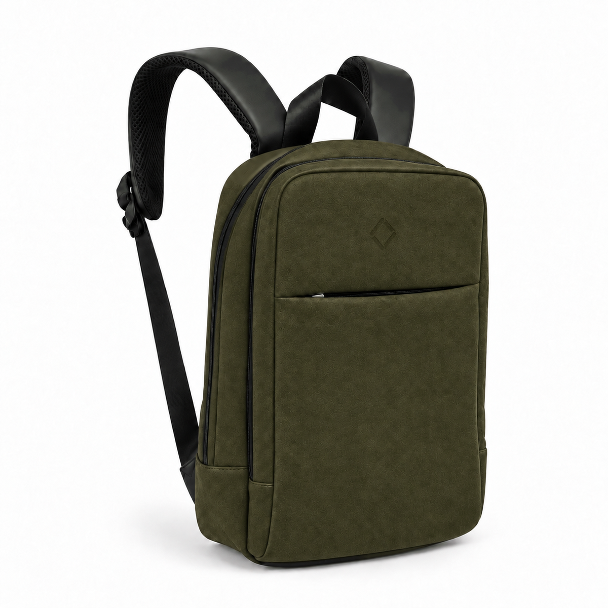 Daybook Backpack – Faux Suede – Olive, three-quarter view – ECADRA