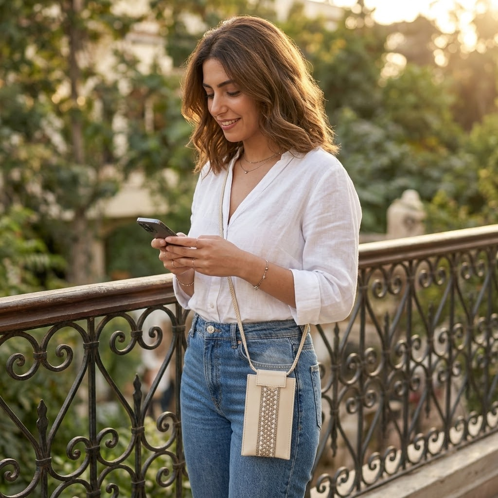 Beige Woven Texture Phone Crossbody Bag – Hands-Free & Bold