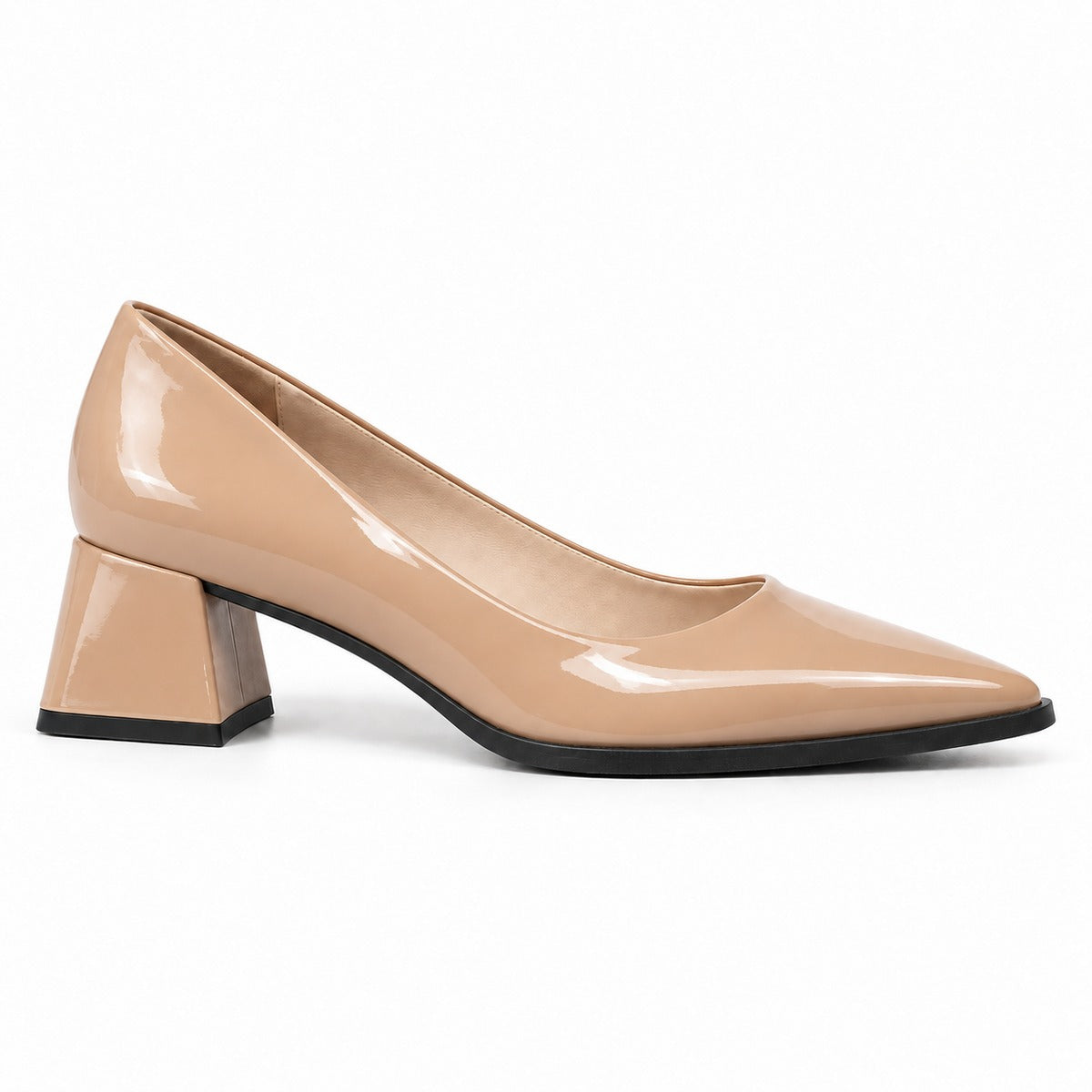 Beige gloss pointed pump with low 5 cm flared block heel, side view — ECADRA