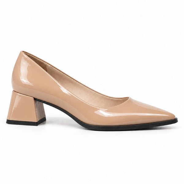 Beige gloss pointed pump with low 5 cm flared block heel, side view — ECADRA