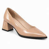 Beige gloss pointed pump with low 5 cm flared block heel, front three-quarter view — ECADRA