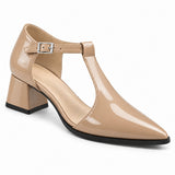 Beige gloss T-strap heels with wide strap, silver buckle and 5 cm flared heel, front three-quarter view — ECADRA